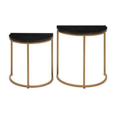 Nest of 2 Half Moon Black Marble Top Nesting Tables with Gold Finish Metal Bases, Varana