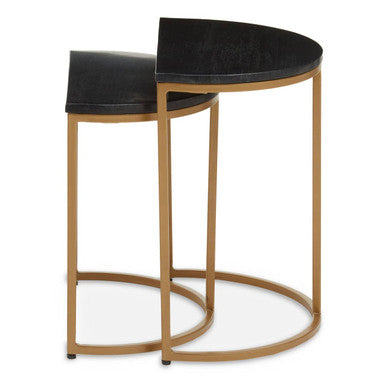 Nest of 2 Half Moon Black Marble Top Nesting Tables with Gold Finish Metal Bases, Varana