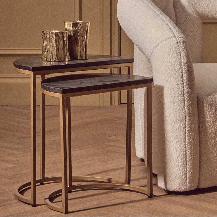 Nest of 2 Half Moon Black Marble Top Nesting Tables with Gold Finish Metal Bases, Varana
