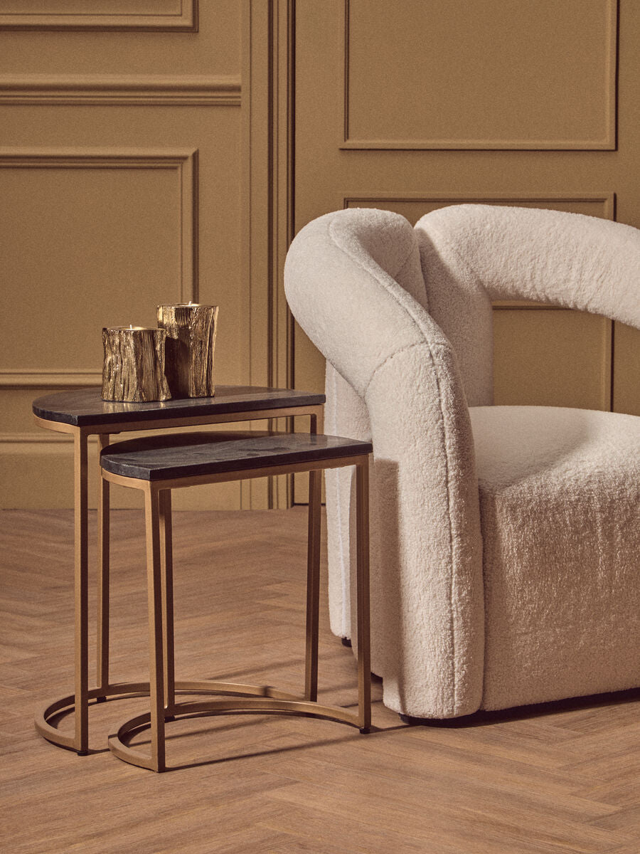 Nest of 2 Half Moon Black Marble Top Nesting Tables with Gold Finish Metal Bases, Varana