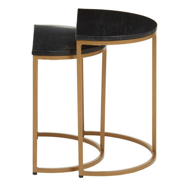 Nest of 2 Half Moon Black Marble Top Nesting Tables with Gold Finish Metal Bases, Varana