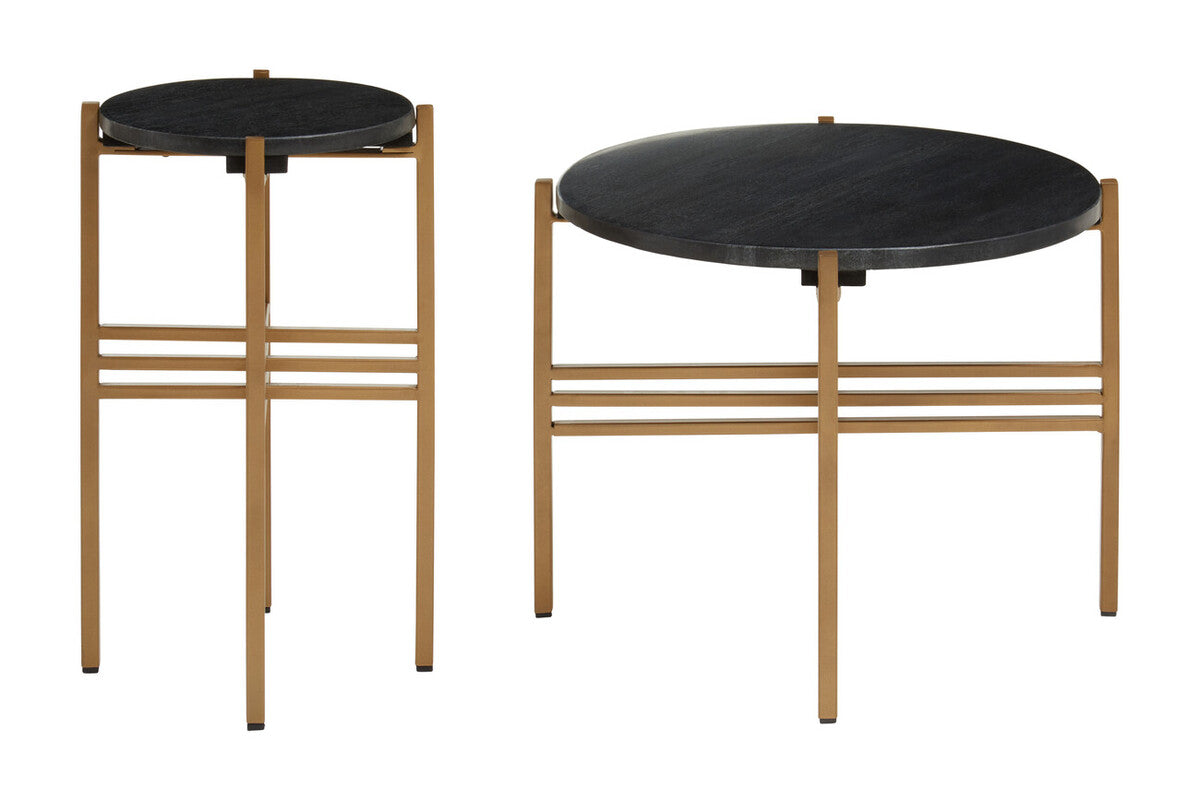 Set of 2 Black Round Marble Top Side Tables with Gold Finish Geometric Metal Bases, Varana