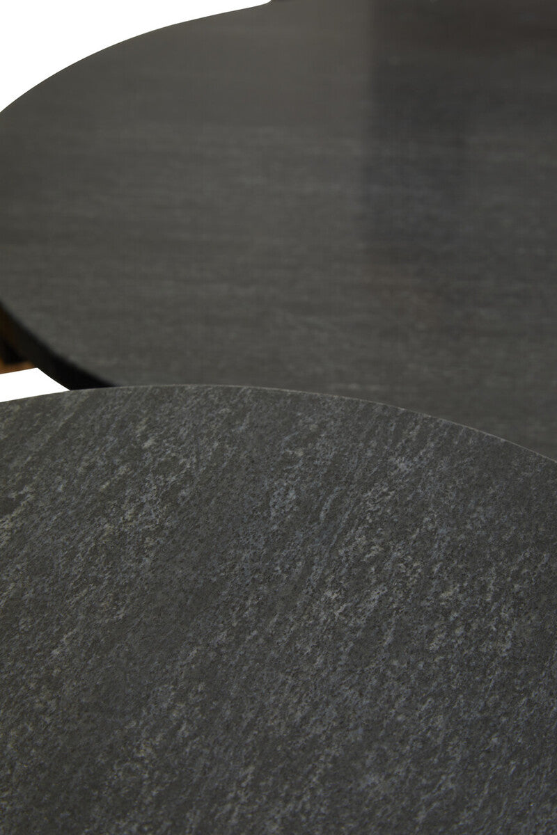 Set of 2 Black Round Marble Top Side Tables with Gold Finish Geometric Metal Bases, Varana