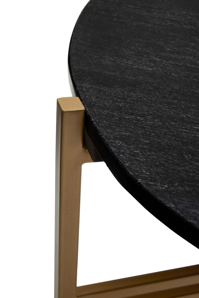 Set of 2 Black Round Marble Top Side Tables with Gold Finish Geometric Metal Bases, Varana