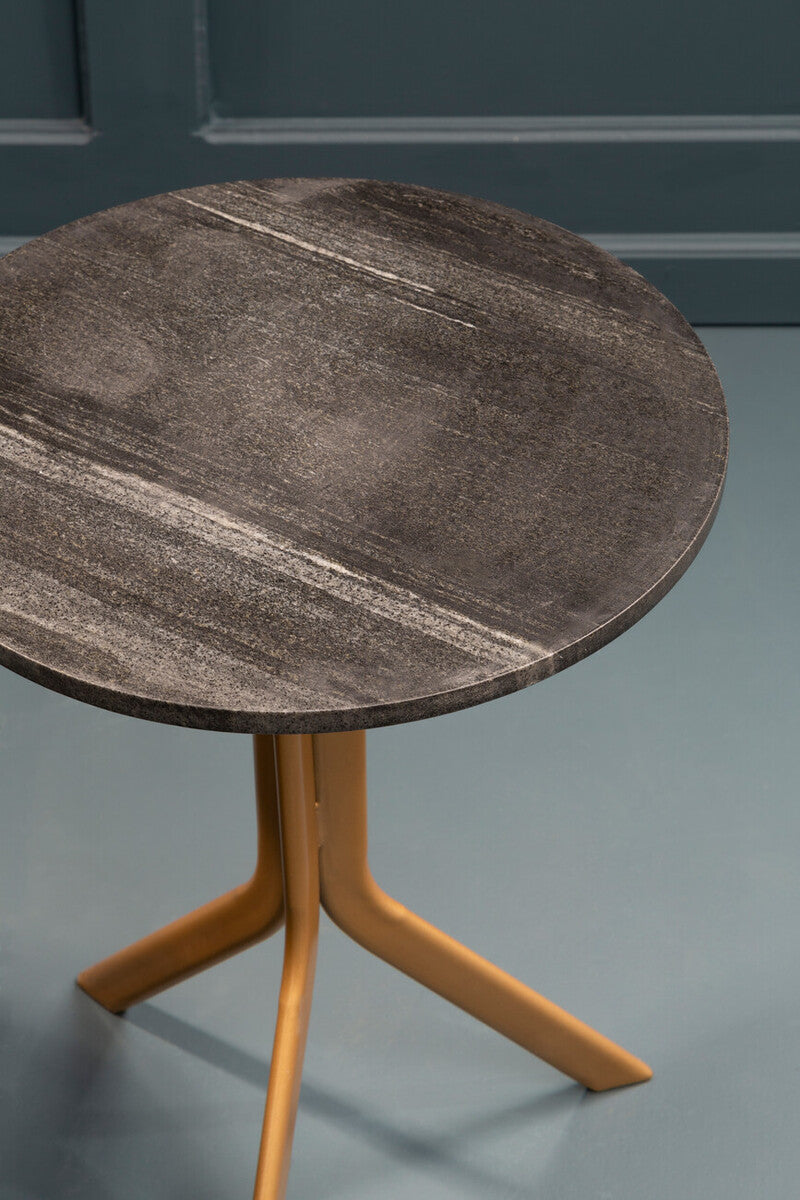 Black Round Marble Top Side Table with Gold Metal Tripod Base, Varana