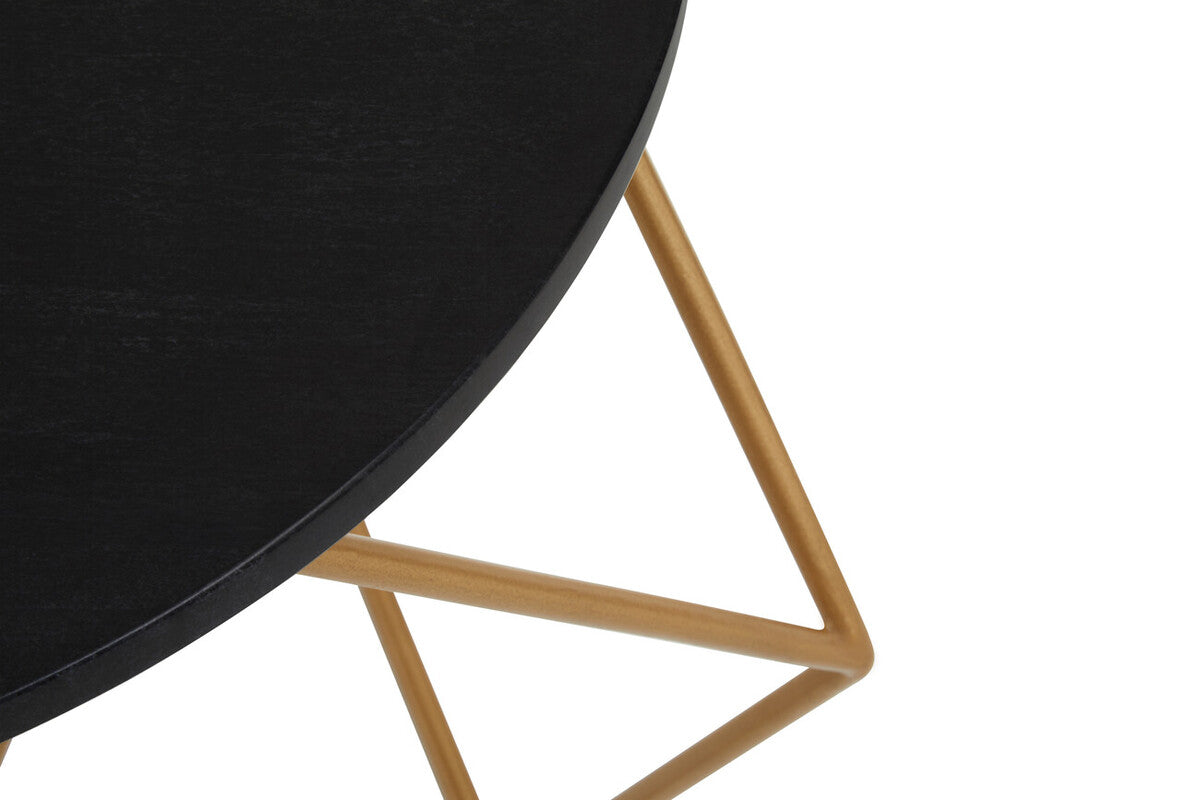Black Round Marble Top Coffee Table with Matte Gold Finish Geometric Metal Frame, Varana