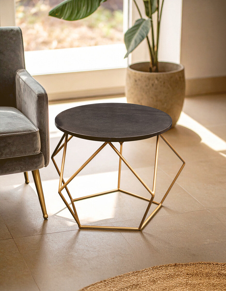 Black Round Marble Top Coffee Table with Matte Gold Finish Geometric Metal Frame, Varana