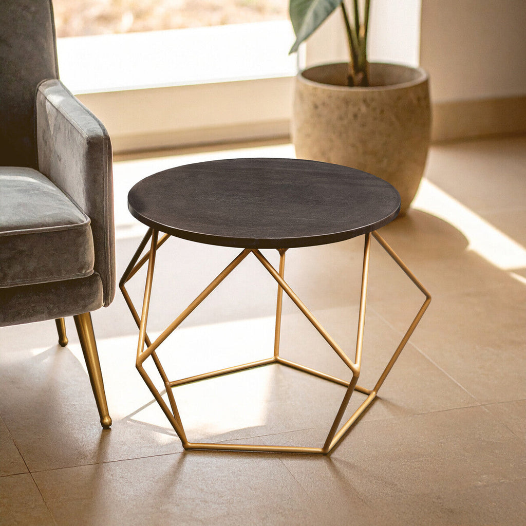 Black Round Marble Top Coffee Table with Matte Gold Finish Geometric Metal Frame | Varana
