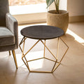 Black Round Marble Top Coffee Table with Matte Gold Finish Geometric Metal Frame | Varana