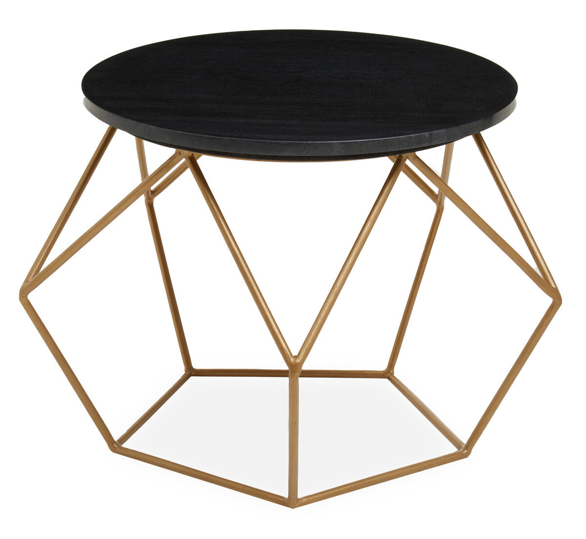 Black Round Marble Top Coffee Table with Matte Gold Finish Geometric Metal Frame, Varana
