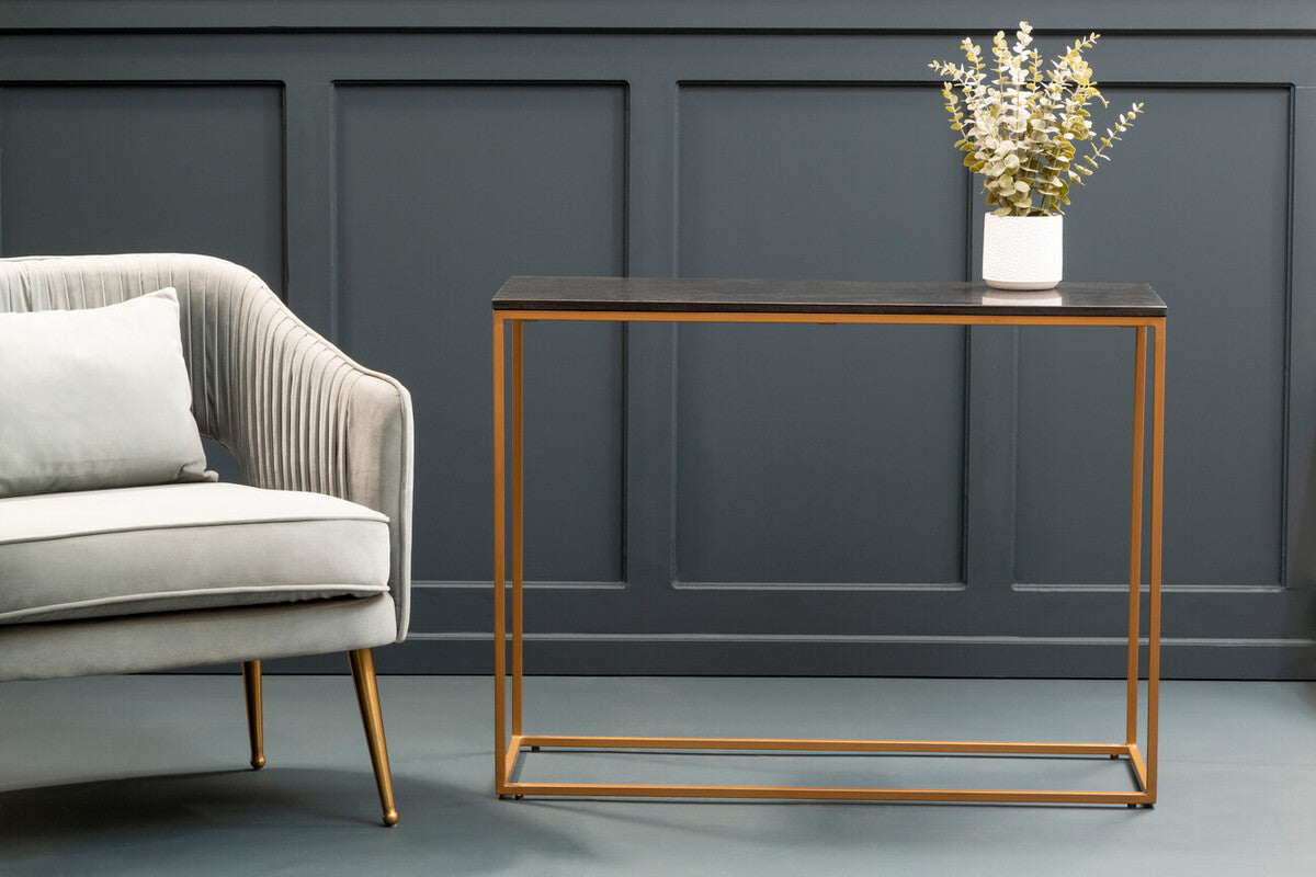 Black Marble Top Console Table with Matte Gold Metal Frame, Varana