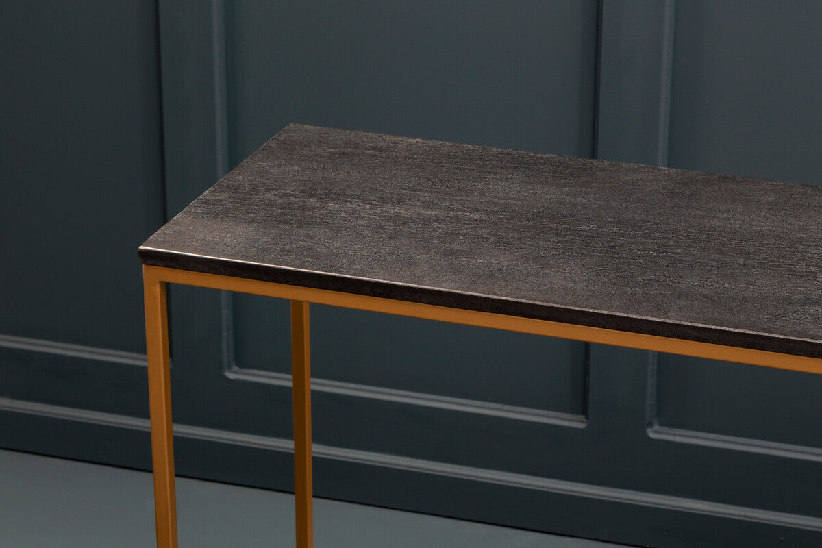 Black Marble Top Console Table with Matte Gold Metal Frame, Varana