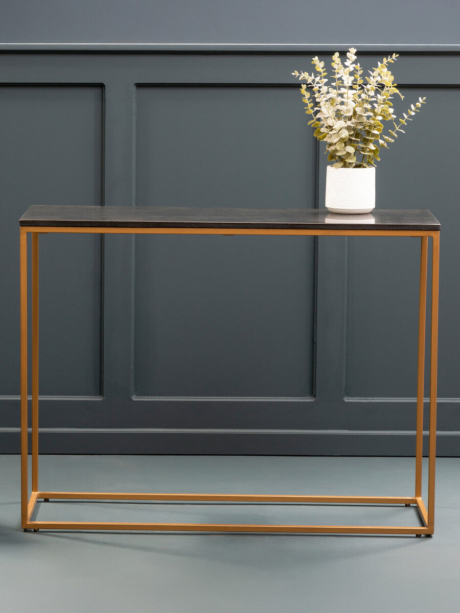 Black Marble Top Console Table with Matte Gold Metal Frame, Varana