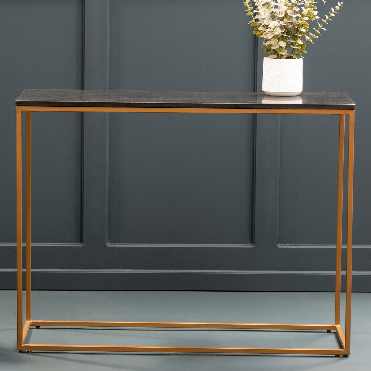 Black Marble Top Console Table with Matte Gold Metal Frame, Varana