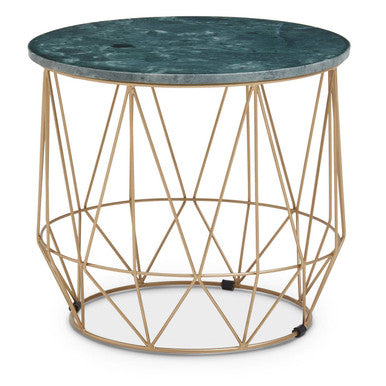 Green Marble Round Top Side Table with Sleek Cage Style Gold Metal Frame, Mandoli