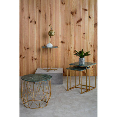 Green Marble Round Top Side Table with Sleek Cage Style Gold Metal Frame, Mandoli