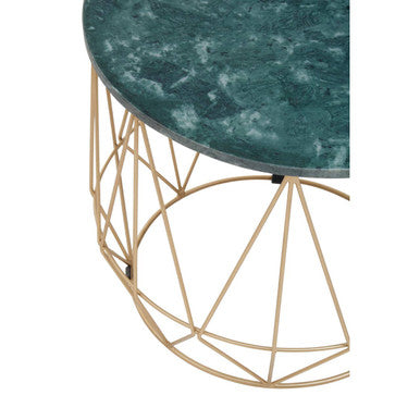 Green Marble Round Top Side Table with Sleek Cage Style Gold Metal Frame, Mandoli
