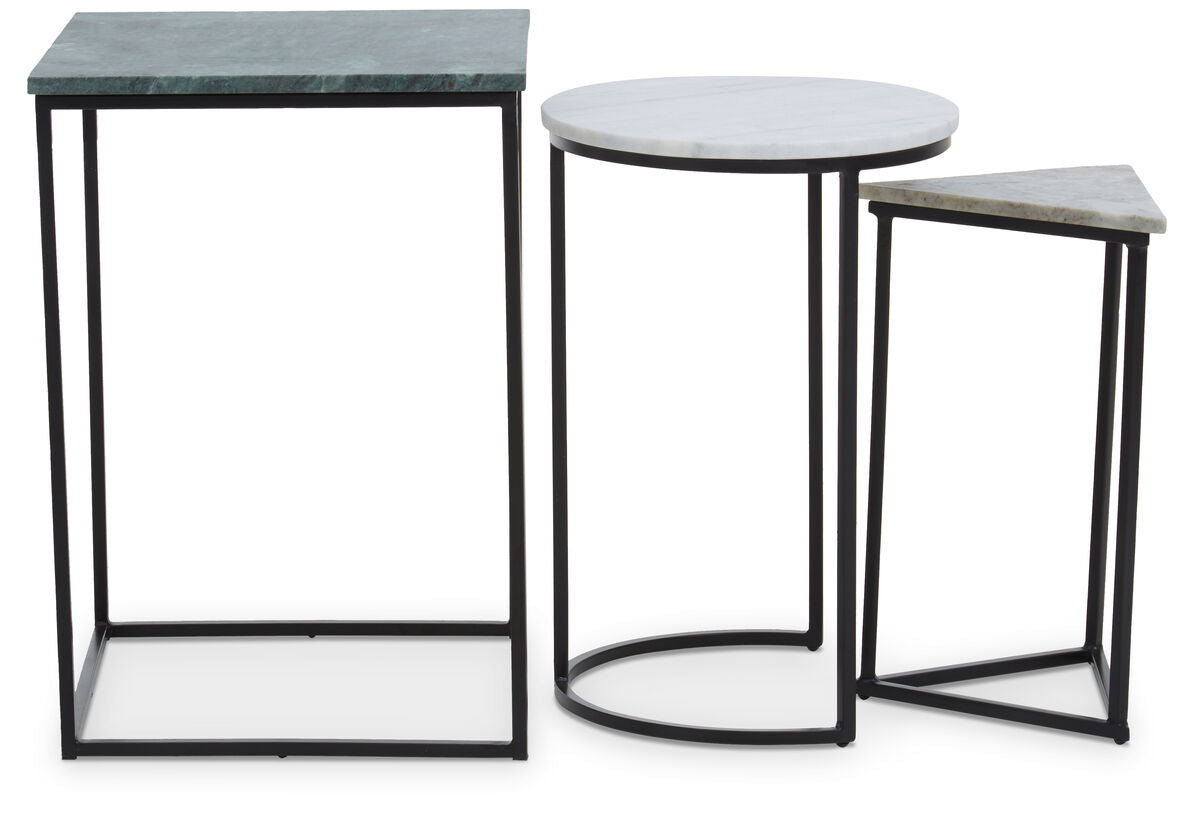 Marble Top Nest of 3 Tables with Black Metal Bases in Assorted Tones and Shapes, Mandoli