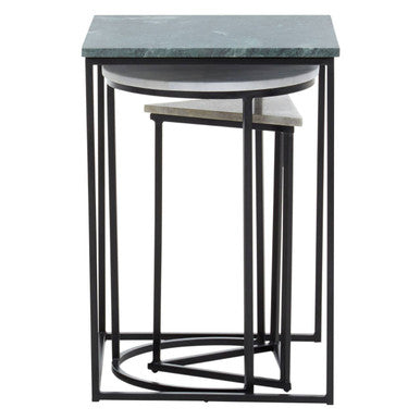Marble Top Nest of 3 Tables with Black Metal Bases in Assorted Tones and Shapes, Mandoli