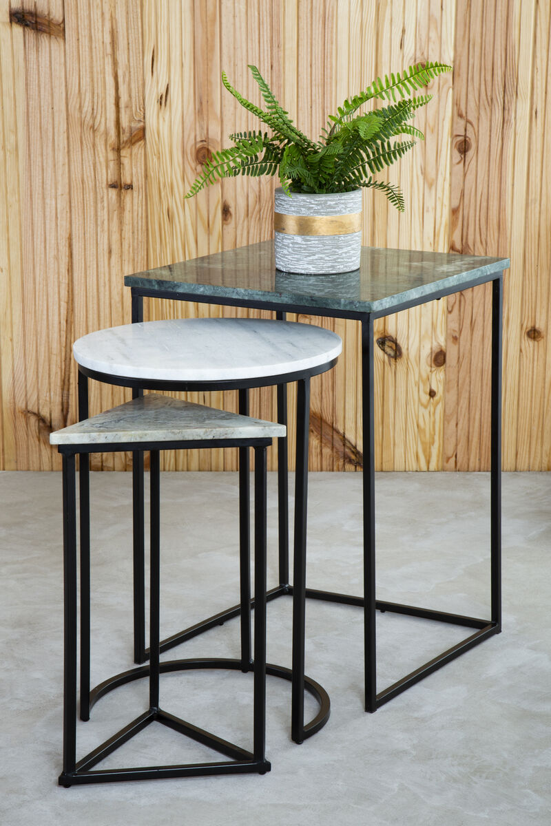 Marble Top Nest of 3 Tables with Black Metal Bases in Assorted Tones and Shapes, Mandoli