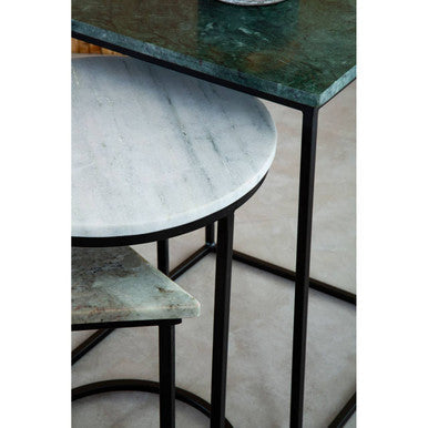 Marble Top Nest of 3 Tables with Black Metal Bases in Assorted Tones and Shapes, Mandoli