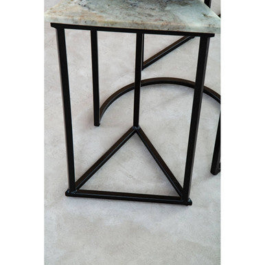 Marble Top Nest of 3 Tables with Black Metal Bases in Assorted Tones and Shapes, Mandoli