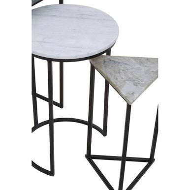 Marble Top Nest of 3 Tables with Black Metal Bases in Assorted Tones and Shapes, Mandoli