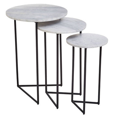 Nest of 3 White Marble Top Side Tables with Black Metal Triangular Bases, Mandoli