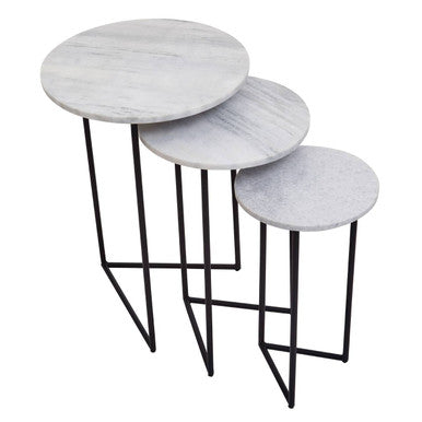 Nest of 3 White Marble Top Side Tables with Black Metal Triangular Bases, Mandoli