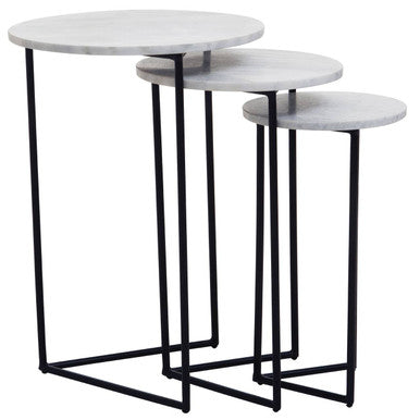 Nest of 3 White Marble Top Side Tables with Black Metal Triangular Bases, Mandoli