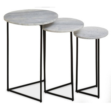 Nest of 3 White Marble Top Side Tables with Black Metal Triangular Bases, Mandoli