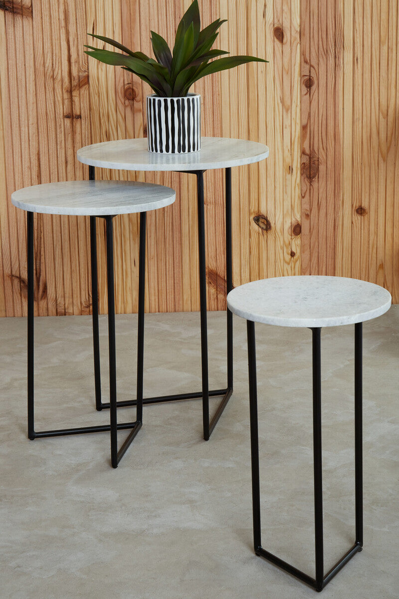 Nest of 3 White Marble Top Side Tables with Black Metal Triangular Bases, Mandoli