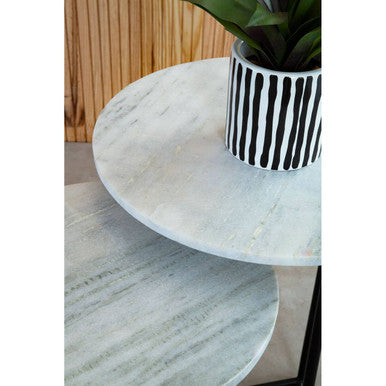 Nest of 3 White Marble Top Side Tables with Black Metal Triangular Bases, Mandoli