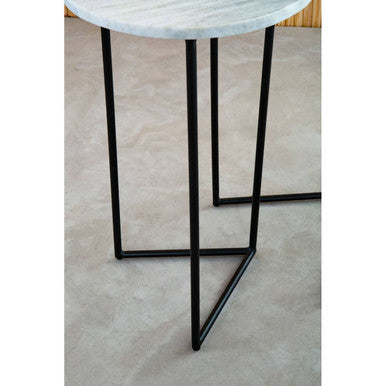 Nest of 3 White Marble Top Side Tables with Black Metal Triangular Bases, Mandoli