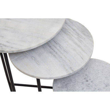 Nest of 3 White Marble Top Side Tables with Black Metal Triangular Bases, Mandoli