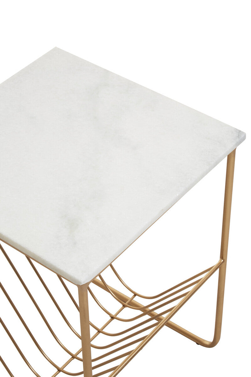 White Marble Top Side Table with Interconnected Gold Metal Frame and Open Rack Storage, Mandoli