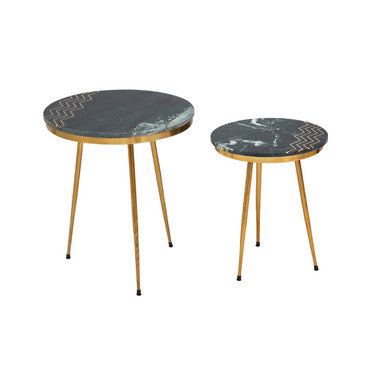 Green Marble Top Set of 2 Round Side Tables, Nirav