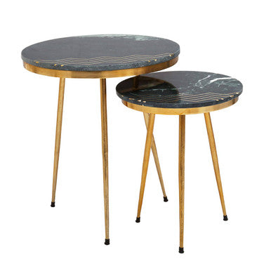 Green Marble Top Set of 2 Round Side Tables, Nirav