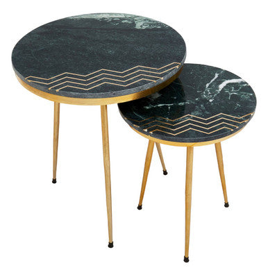 Green Marble Top Set of 2 Round Side Tables, Nirav