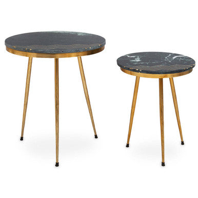 Green Marble Top Set of 2 Round Side Tables, Nirav