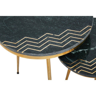 Green Marble Top Set of 2 Round Side Tables, Nirav