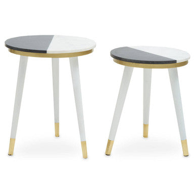 Set of 2 Black & White Marble Side Tables with White Legs and Gold Base Detailing, Nirav