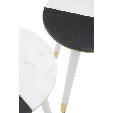 Set of 2 Black & White Marble Side Tables with White Legs and Gold Base Detailing, Nirav