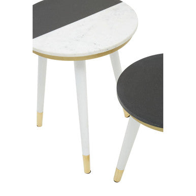 Set of 2 Black & White Marble Side Tables with White Legs and Gold Base Detailing, Nirav