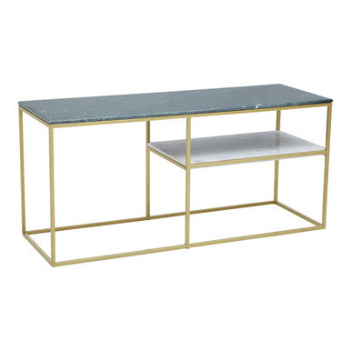 Assorted Marble Top Console Table with Geometric Gold Iron Frame and Lower Shelf, Nirav
