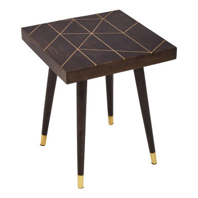Dark Brown Mango Wood Square Side Table with Gold Tip Legs, Naro