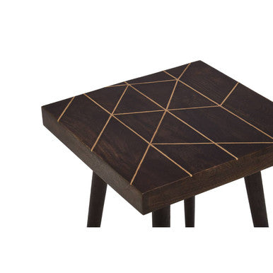 Dark Brown Mango Wood Square Side Table with Gold Tip Legs, Naro