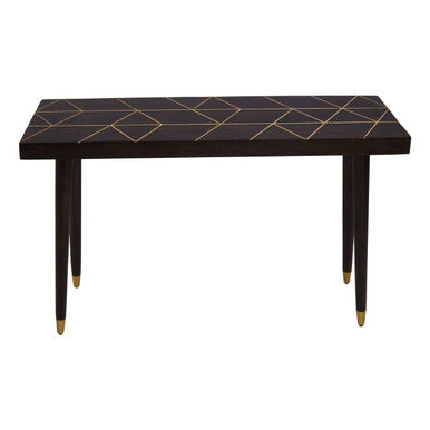 Brown Mango Wood Rectangular Console Table with Gold Tip Legs and Geometric Gold Lines on Top, Naro
