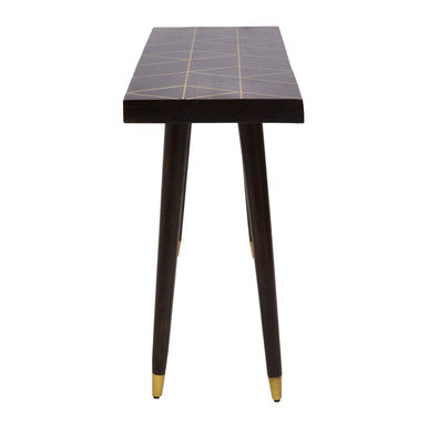 Brown Mango Wood Rectangular Console Table with Gold Tip Legs and Geometric Gold Lines on Top, Naro