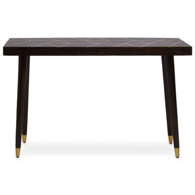 Brown Mango Wood Rectangular Console Table with Gold Tip Legs and Geometric Gold Lines on Top, Naro